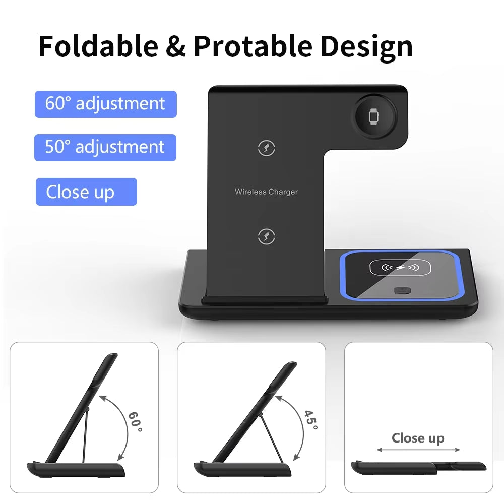 200W 3 in 1 Wireless Charger Stand Pad Foldable Fast Charging Station for Iphone 16 15 14 13 12 11 Apple Watch 9 Airpods 4 Pro 3