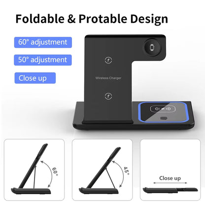 200W 3 in 1 Wireless Charger Stand Pad Foldable Fast Charging Station for Iphone 16 15 14 13 12 11 Apple Watch 9 Airpods 4 Pro 3