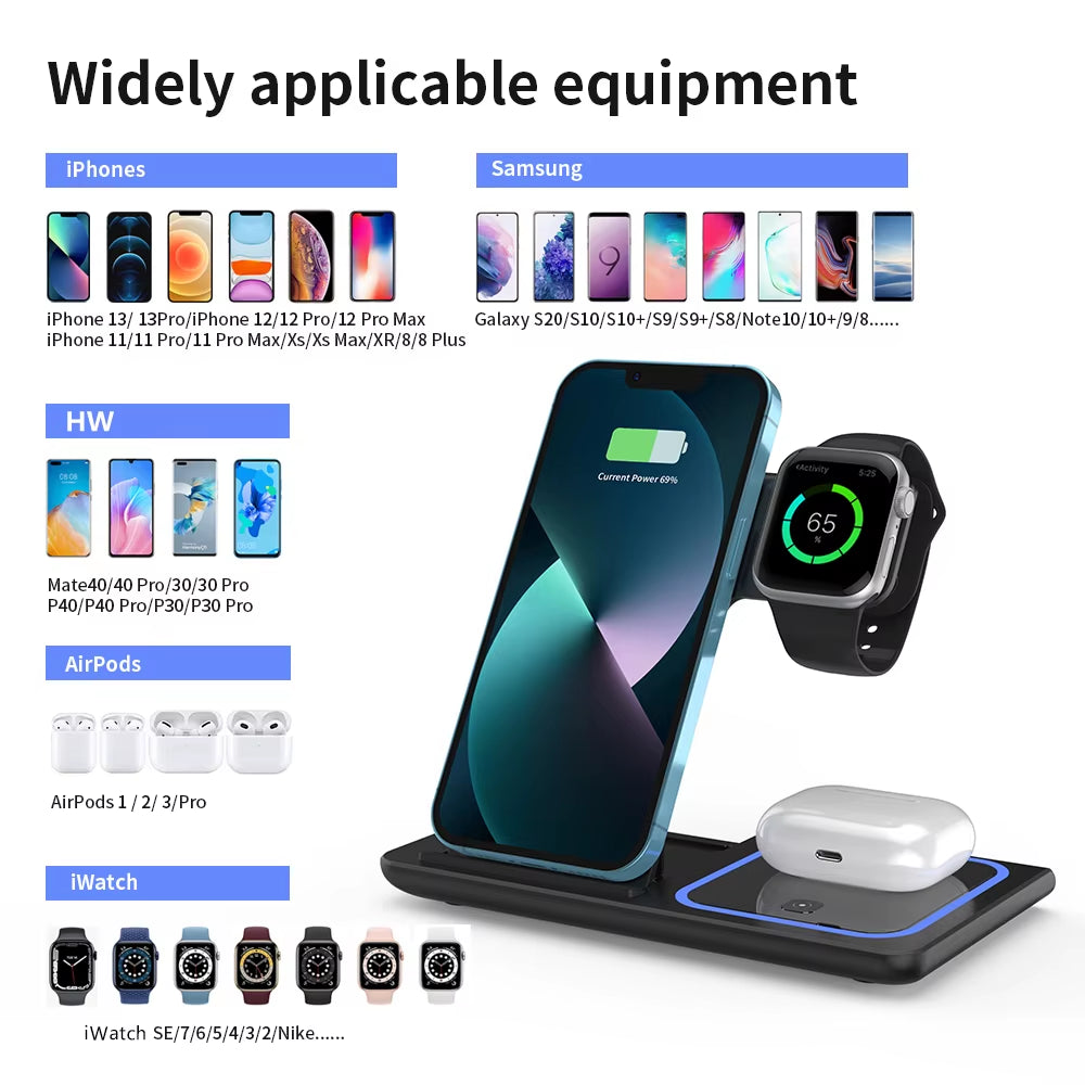 200W 3 in 1 Wireless Charger Stand Pad Foldable Fast Charging Station for Iphone 16 15 14 13 12 11 Apple Watch 9 Airpods 4 Pro 3