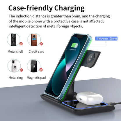 200W 3 in 1 Wireless Charger Stand Pad Foldable Fast Charging Station for Iphone 16 15 14 13 12 11 Apple Watch 9 Airpods 4 Pro 3