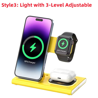 200W 3 in 1 Wireless Charger Stand Pad Foldable Fast Charging Station for Iphone 16 15 14 13 12 11 Apple Watch 9 Airpods 4 Pro 3