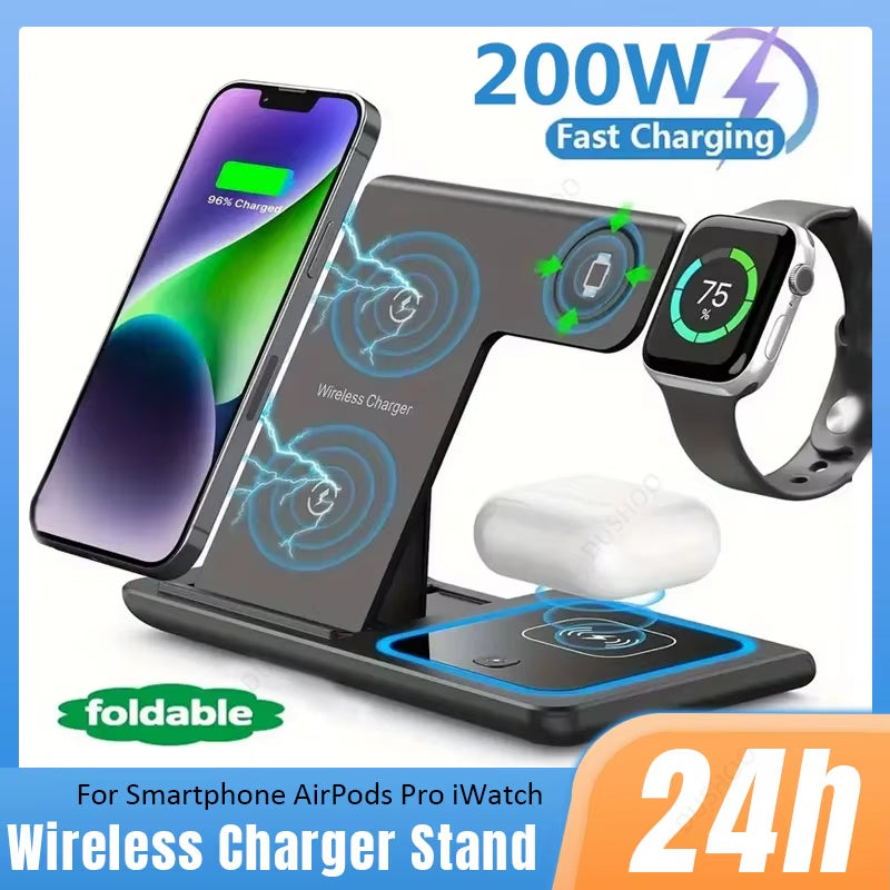 200W 3 in 1 Wireless Charger Stand Pad Foldable Fast Charging Station for Iphone 16 15 14 13 12 11 Apple Watch 9 Airpods 4 Pro 3
