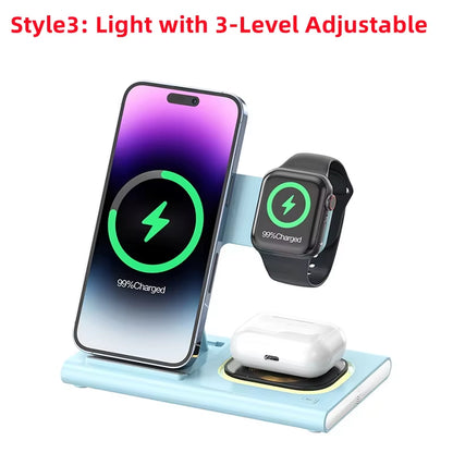 200W 3 in 1 Wireless Charger Stand Pad Foldable Fast Charging Station for Iphone 16 15 14 13 12 11 Apple Watch 9 Airpods 4 Pro 3