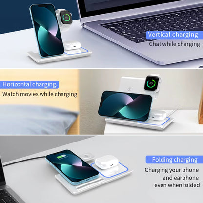 200W 3 in 1 Wireless Charger Stand Pad Foldable Fast Charging Station for Iphone 16 15 14 13 12 11 Apple Watch 9 Airpods 4 Pro 3